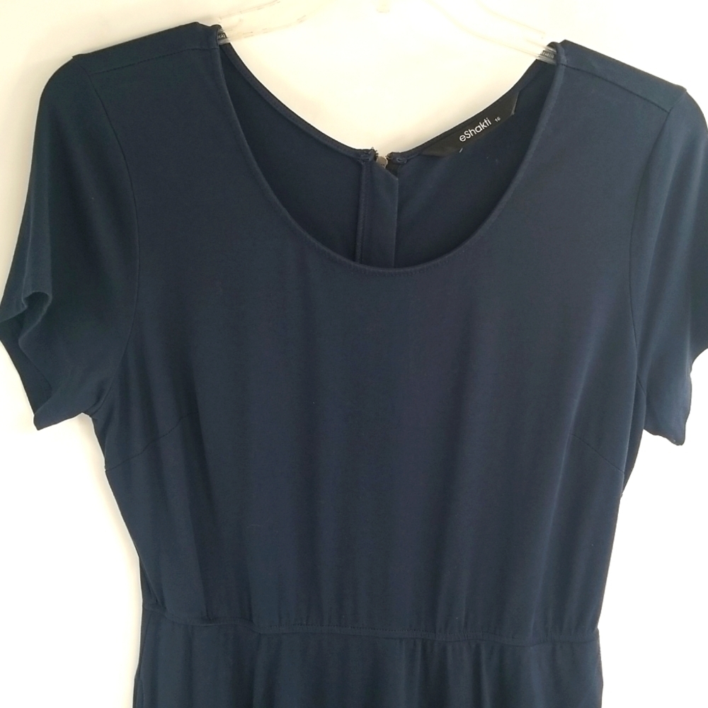 eShakti Crew Neck‎ Short Sleeve Navy Dress with Ruffle & Pockets